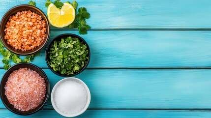 Bowls of spices, herbs, and salt with a lemon slice and cilantro on a blue wooden background.