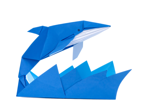 Origami Dolphin Leaping Over Blue Wave