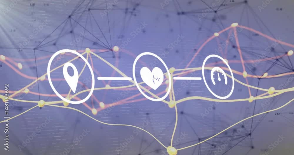 Poster floating flat white circular icons glowing connecting through orange strands over network web