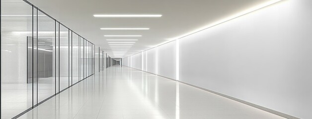 Fototapeta premium Long modern white hallway with reflective floor, glass wall panels on one side, illuminated ceiling and wall LED lights creating a bright and clean atmosphere