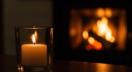 Candlelight scene representing warmth and serenity with fireplace glow