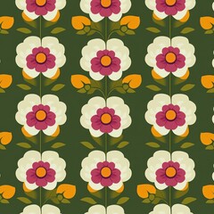 Seamless floral pattern with vertical stems featuring stylized flowers with white and magenta petals and orange centers, accompanied by orange and green leaves on a dark green background