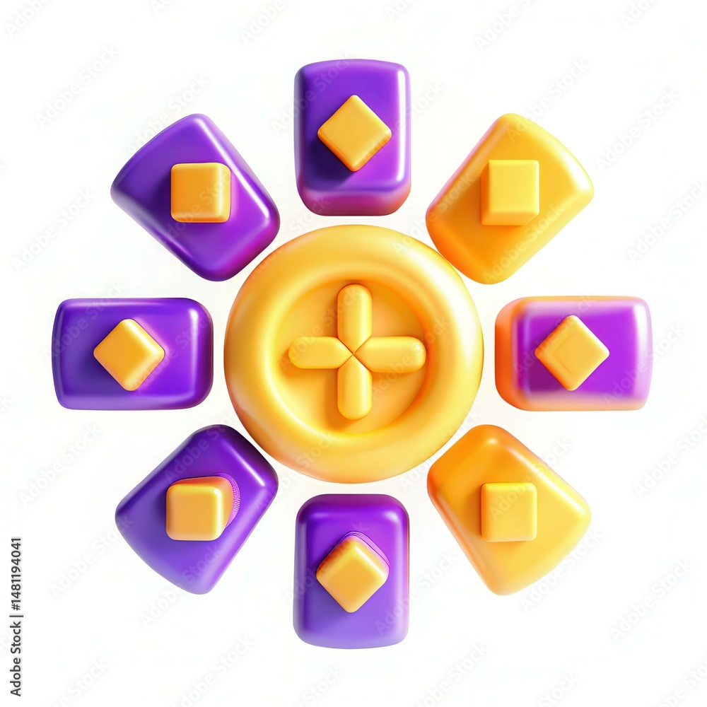 Poster colorful geometric shapes arranged in a circular pattern on a bright background.