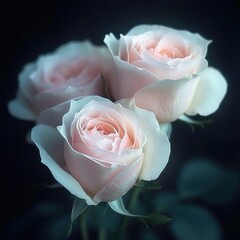 Close-up of three soft pink roses with delicate petals against a dark blurred background evoking a calm and gentle mood