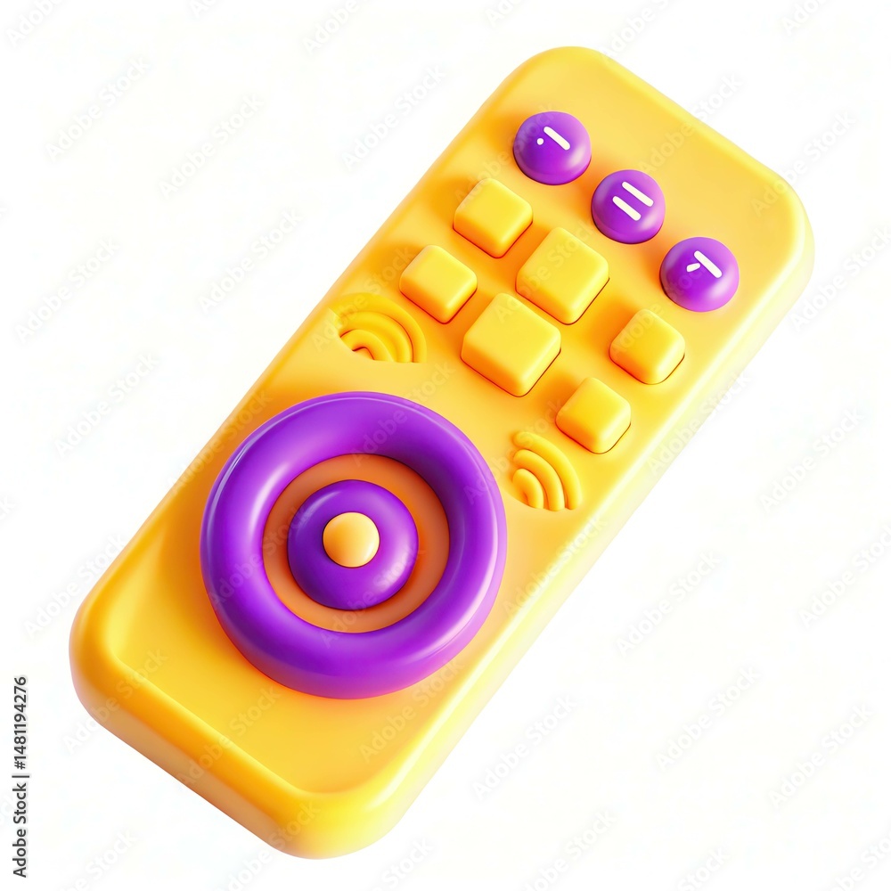 Poster a vibrant toy remote control featuring colorful buttons and a circular dial in purple and yellow.