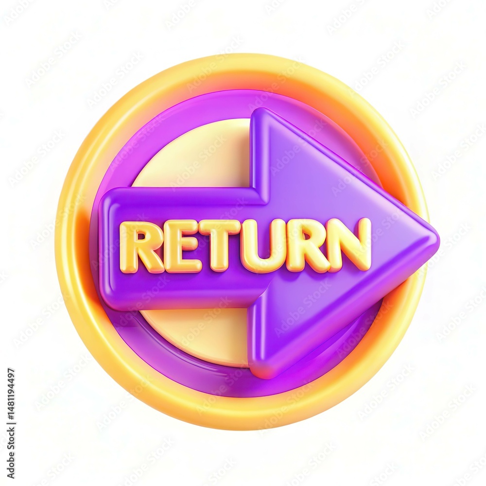 Poster a vibrant 3d rendering of a button featuring the word 'return' with bold colors and an arrow design.