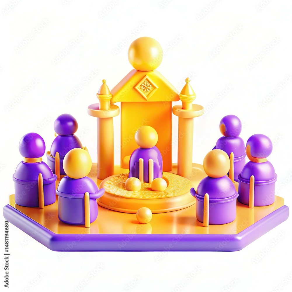 Poster colorful 3d characters in discussion around a central figure, set in a modern design environment.