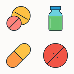 Pharmaceutical icon set showing round pink and yellow tablets, capsule pill, red tablet with dots, and medicine vial