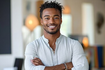 Young man with short dreadlocks smiling confidently with arms crossed indoors in softly lit modern room