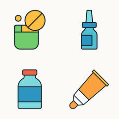 Fototapeta premium Flat vector illustration of pill container, nasal spray bottle, liquid medicine vial, and orange tube of medical cream