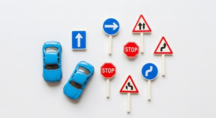Traffic Laws and Road Safety Education: Miniature Cars and Road Signs on White Background
