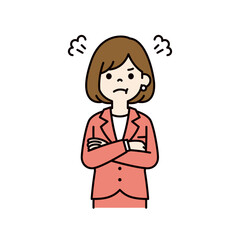 腕を組んで怒る、若い女性会社員のベクターイラスト素材＿線幅の編集可能＿カラー