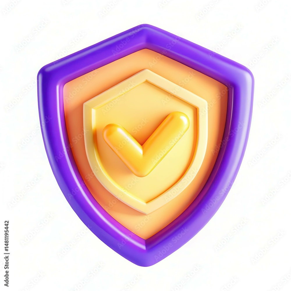 Poster a colorful 3d shield emblem featuring a check mark, designed with modern aesthetics and smooth textu