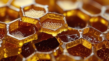 Sweet Honeycomb Close-Up, Glowing Amber Geometric Honey Texture
