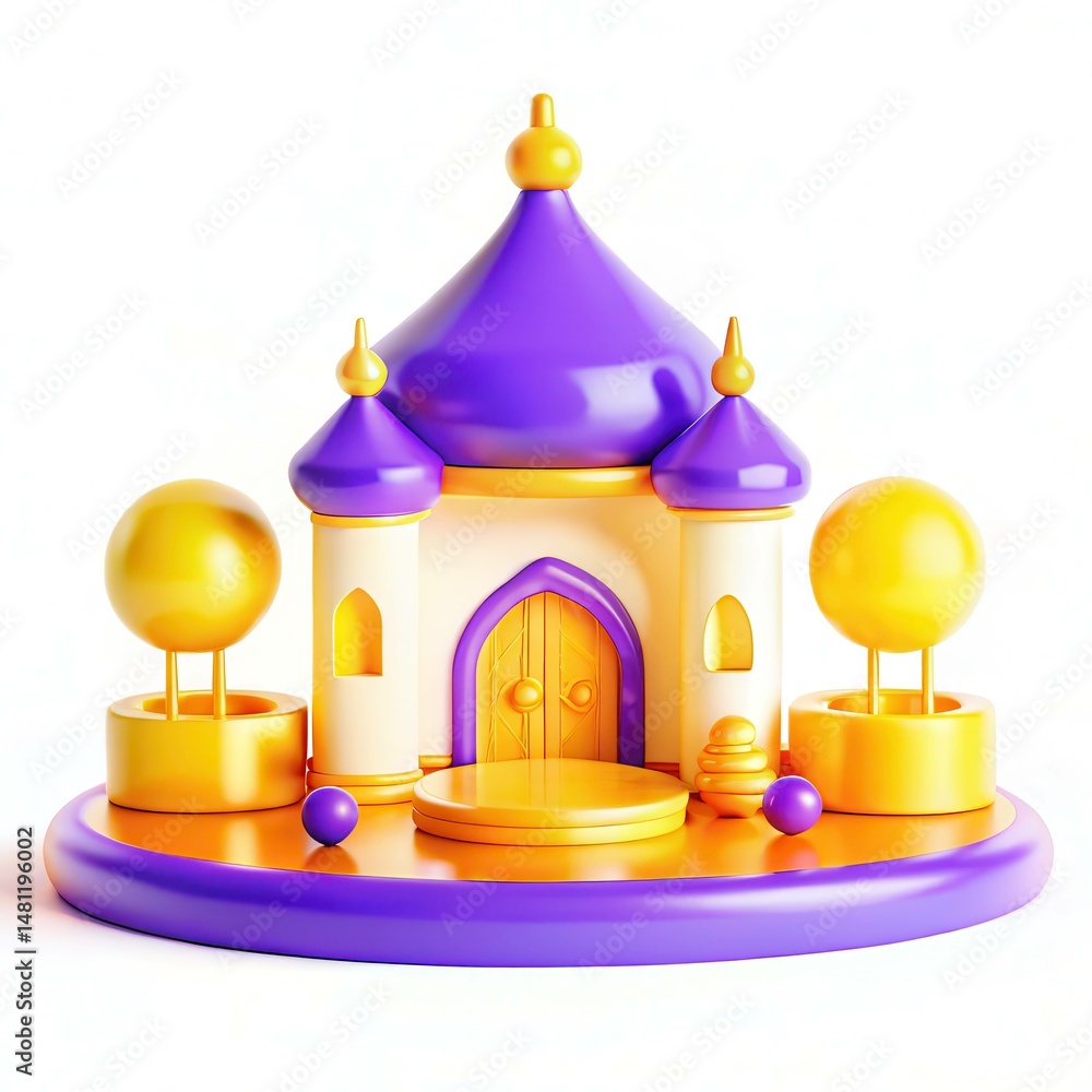 Poster a colorful 3d rendering of a whimsical castle with purple and yellow features, set on a round base w
