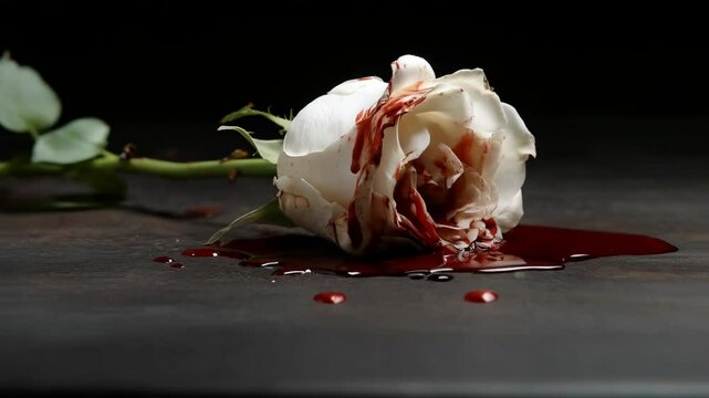 White rose lying on a dark surface, with red fluid dripping, creating a dramatic and melancholic still life composition