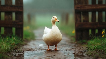 Fototapeta premium A white duck stands on a muddy path between two wooden fences, with green grass and yellow flowers visible on a rainy day.