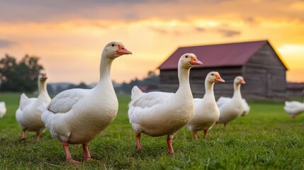 White geese walking on green grass near a barn at sunset in a rural farm setting.