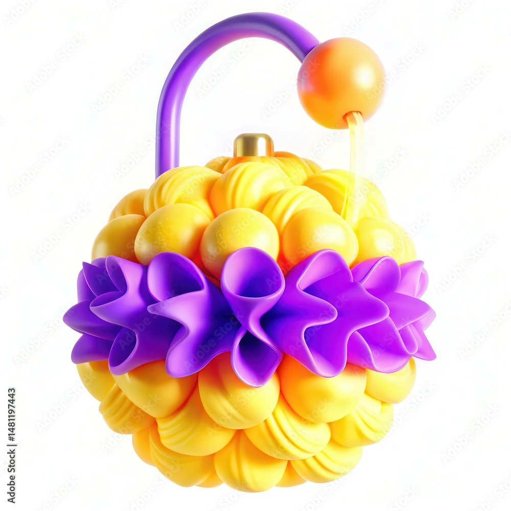 Poster a colorful spherical object with a purple and yellow design, featuring a handle and ruffled texture.