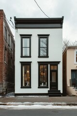 Obraz premium Beautiful two-story white brick house with black trim located on a quiet urban street under a cloudy sky in winter, showcasing modern architectural design and inviting facade
