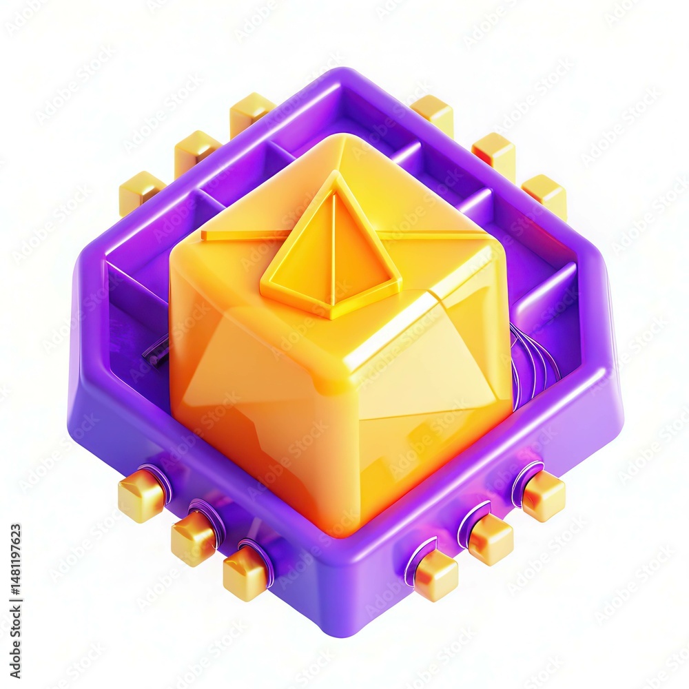 Poster a vibrant and modern abstract 3d object featuring a pyramid shape atop a cube, set against a colorfu