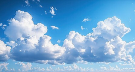 Bright blue sky filled with large fluffy white clouds giving a peaceful and calm atmosphere