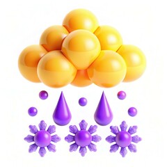 A colorful cloud made of yellow spheres raining purple droplets and snowflakes.