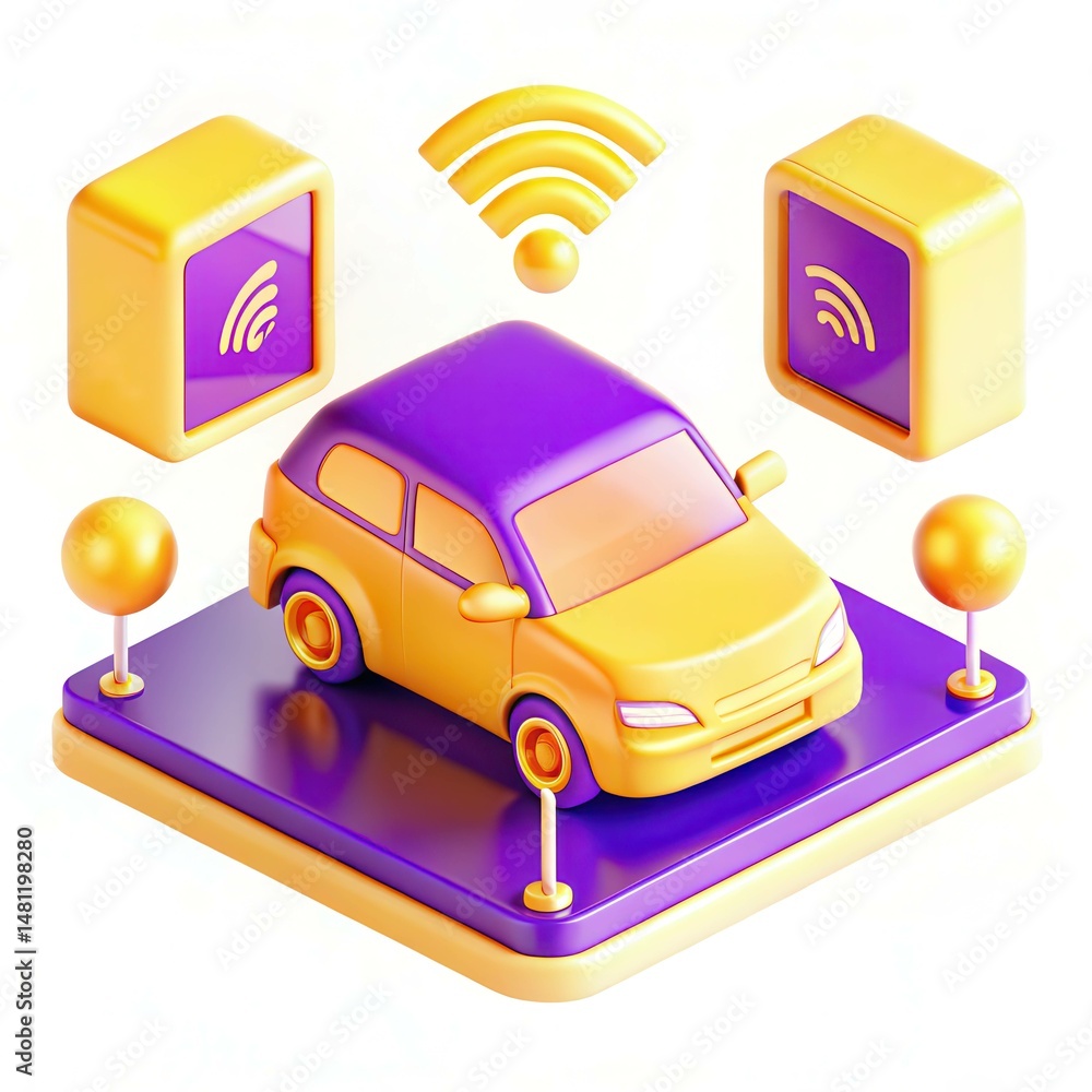 Poster a colorful 3d illustration of a modern car design with wireless symbols and display elements.