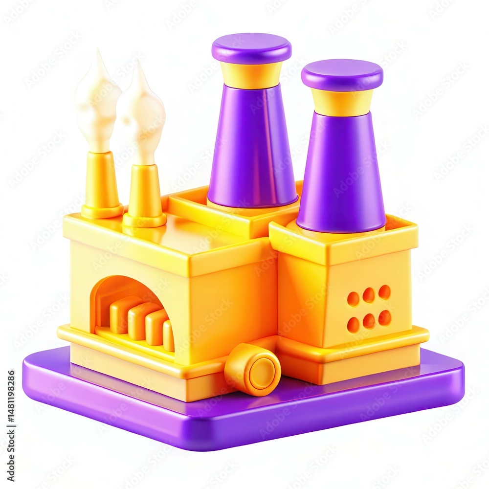 Poster a vibrant and colorful toy factory model featuring smokestacks and a playful design with bold shapes