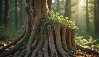 Delicate green shoot pushes through aged stump, sunlight highlights its leaves ,  resilience,  regeneration,  new beginning