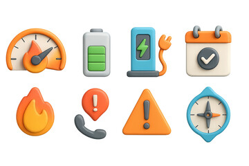 Energy and alert 3d icons set &ndash; battery, warning, notification symbols