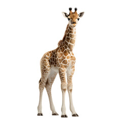 Obraz premium Baby giraffe standing tall, showcasing its distinctive spots and long neck against a black backdrop.