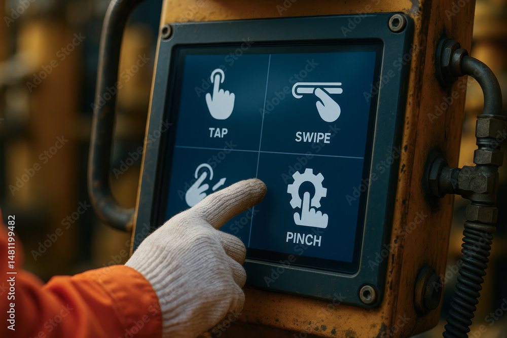 Poster gloved hand operates touchscreen control panel in oil and gas industry ensuring precise maintenance 