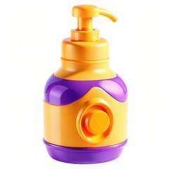 A colorful plastic pump bottle in vibrant yellow and purple design, ideal for dispensing liquids.