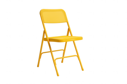 Single bright yellow folding chair with metal legs on transparent background