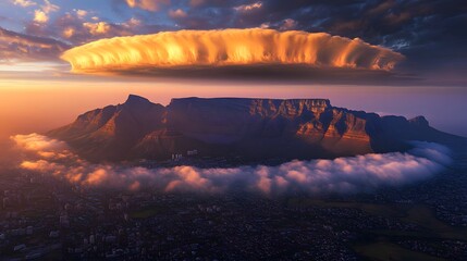 Dramatic sunset over mountain range with unusual cloud formation.