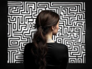 Woman with dark hair tied back standing and facing a black and white maze on a wall, symbolizing contemplation and problem-solving
