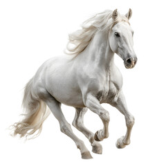 Fototapeta premium Majestic white horse in full gallop, mane flowing in the wind, embodying freedom and power.