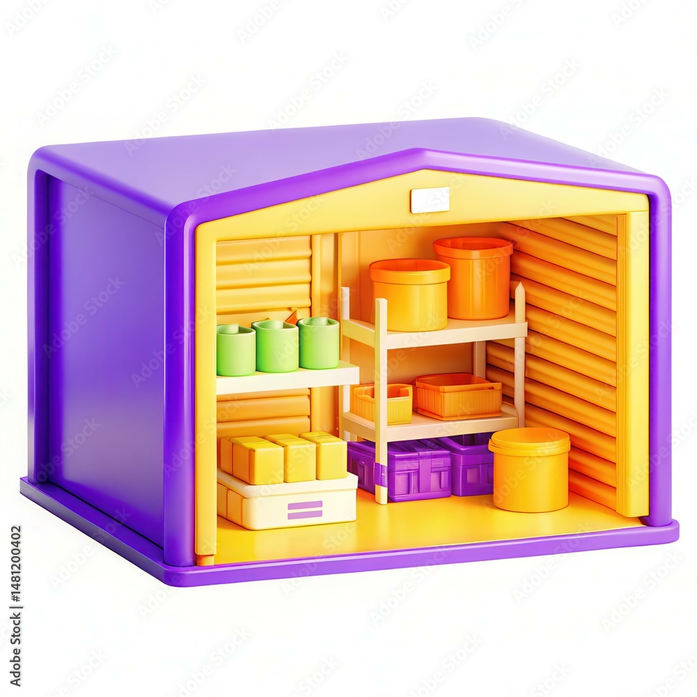 Poster a colorful storage container with shelves and assorted bins in a vibrant design.
