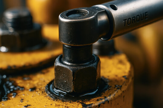 Close up of torque wrench tightening nut on yellow machinery in oil and gas industry maintenance service environment
