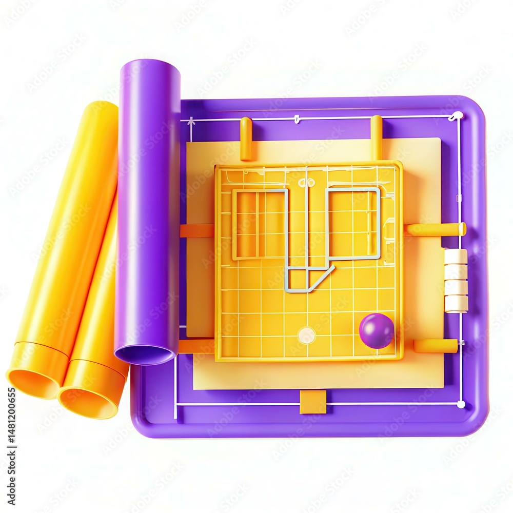Poster a colorful modern design featuring geometric shapes and vibrant tubes on a grid pattern.