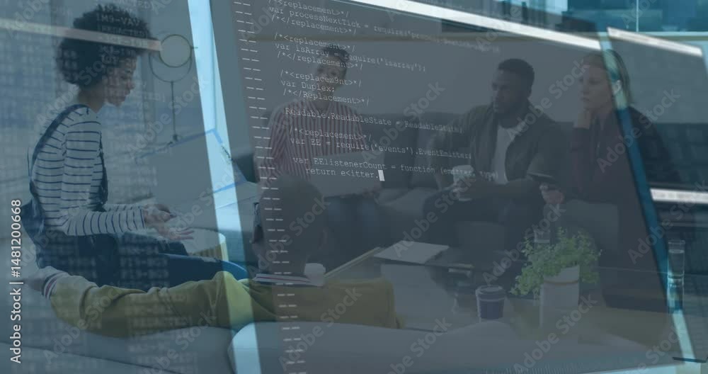 Poster group of coworkers discussing coding project in office lounge, showing animated code overlay