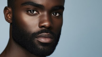 Close-up Portrait of a Handsome Black Man with a Beard on Light Blue Background