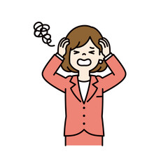 両手で頭を抱えて困る、若い女性会社員のベクターイラスト素材＿線幅の編集可能＿カラー