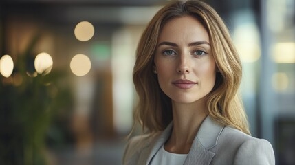 Obraz premium Professional Woman Posing with Serious Expression in Modern Office Setting