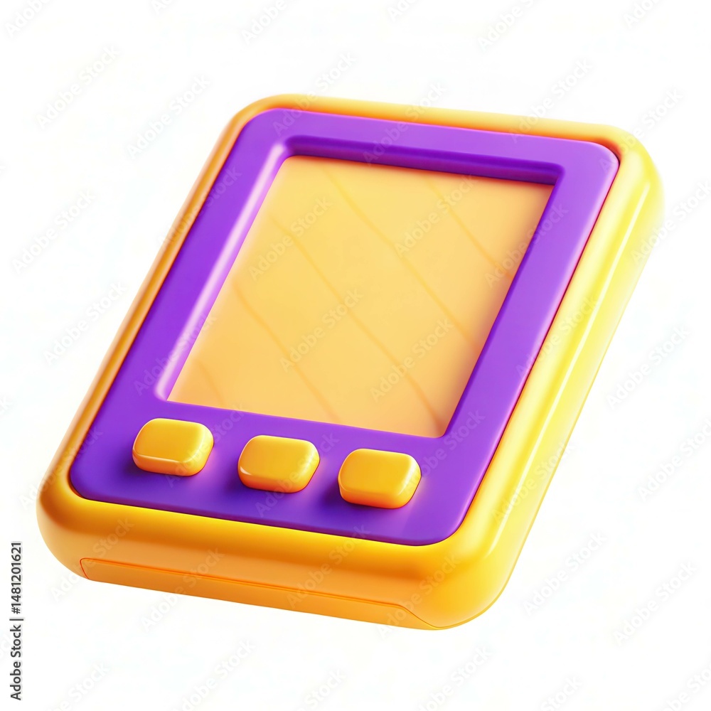 Poster a colorful electronic device with a purple and yellow design, featuring three buttons and a smooth, 
