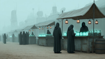 Futuristic market with hooded figures and neon jars in misty setting