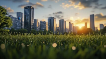 Naklejka premium Tall Grass Blades in Sunlight with Distant City Skyscrapers at Dusk