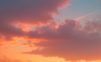 Obraz premium Clouds fill the sky with vibrant orange pink and blue hues at sunset.
