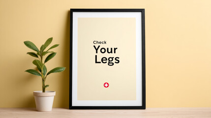 Framed poster with health message and plant on wooden desk